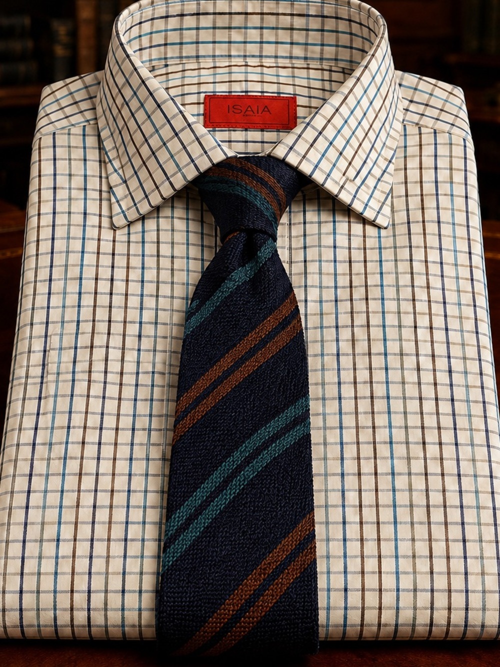 Isaia Cream Dress Shirt with Blue and Brown Grid and included Robert Talbott Tie